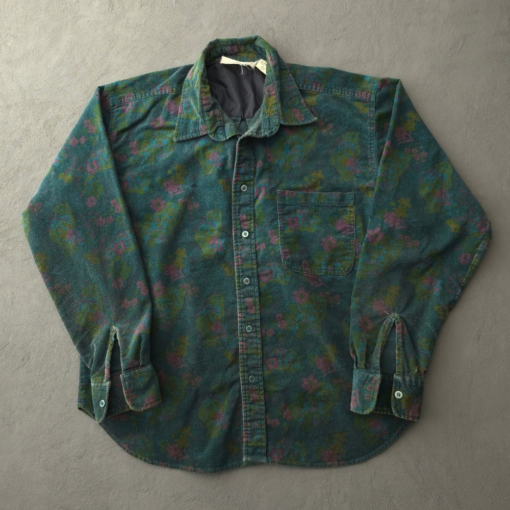 Vintage 90s Corduroy Floral Long Sleeve Button Up Shirt Size L Green